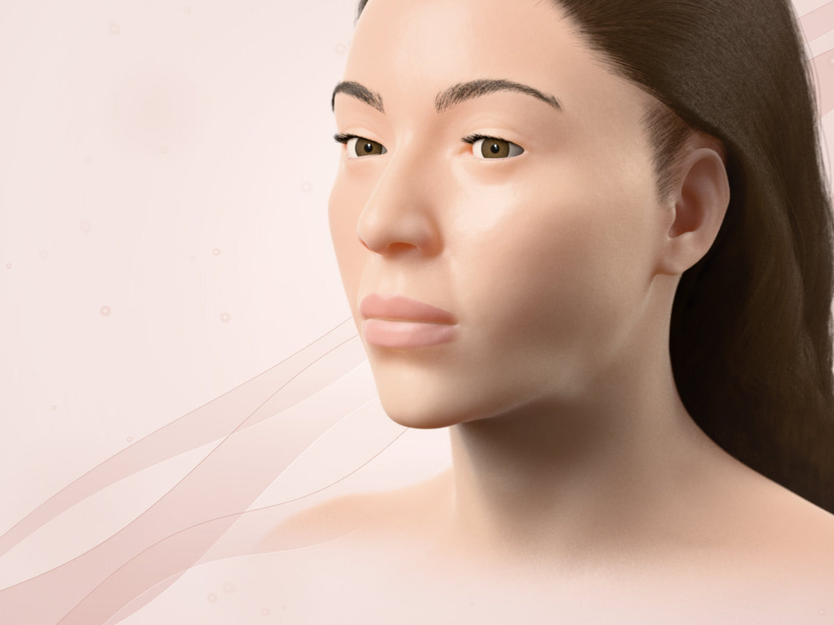 3D illustration of a woman's face in three-quarter view with rose-gold ribbons