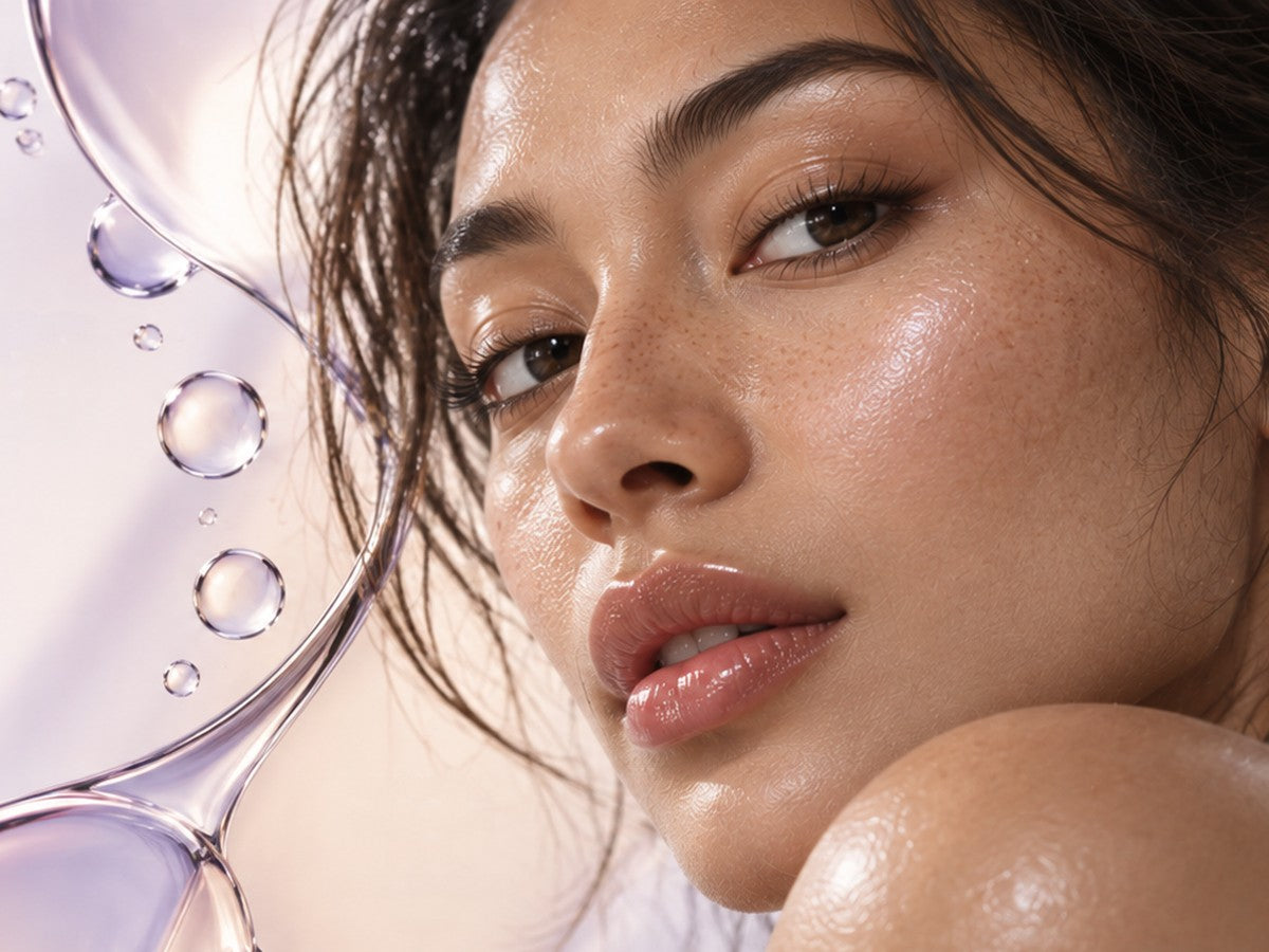 Portrait of a woman with glowing skin beside glass droplets