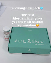 JULÄINE™ 新款青绿色包装盒，旁边为另一款透明质酸产品瓶，My Timeless 伦敦