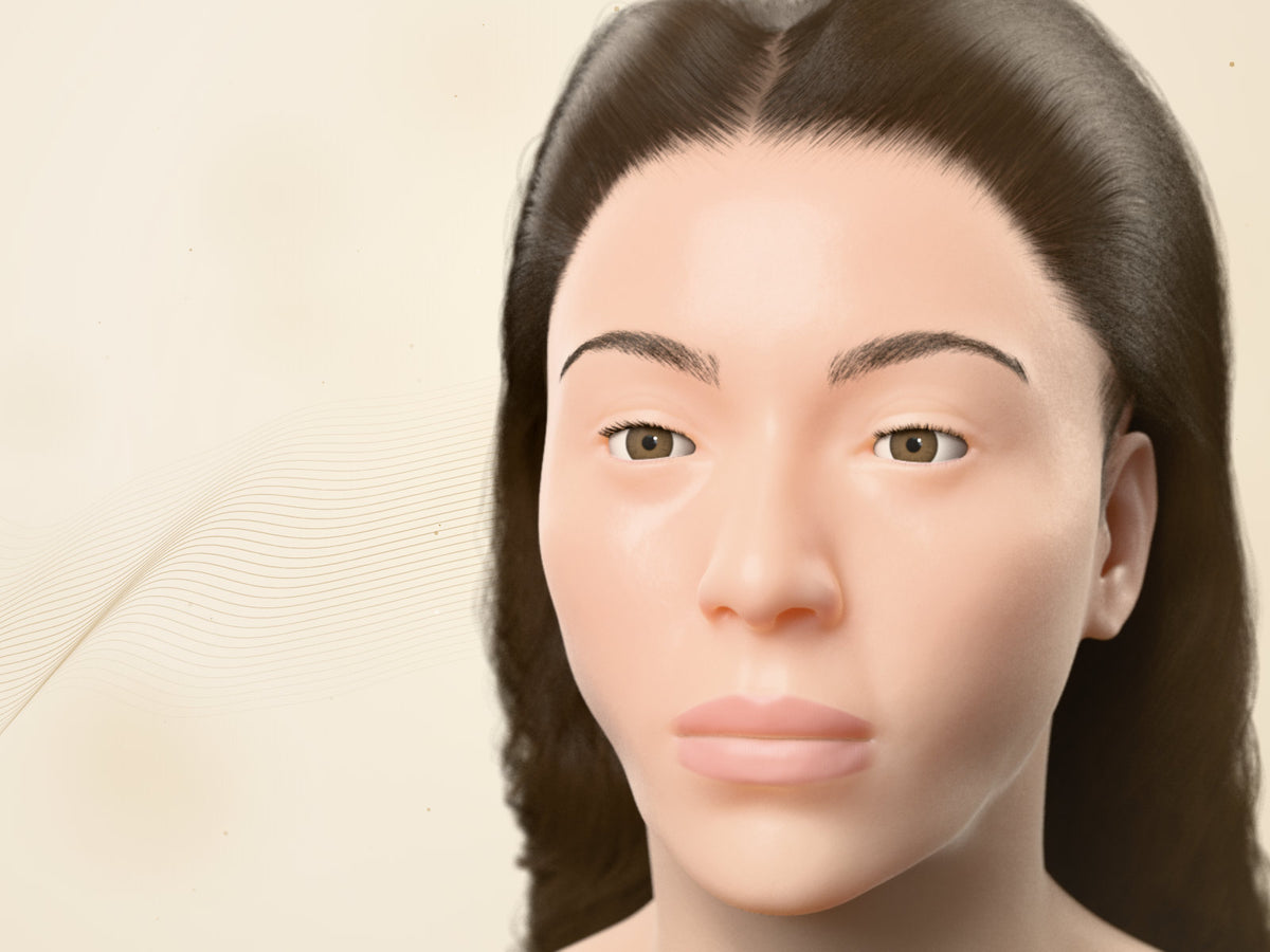 3D illustration of a woman's face, front view, in warm light