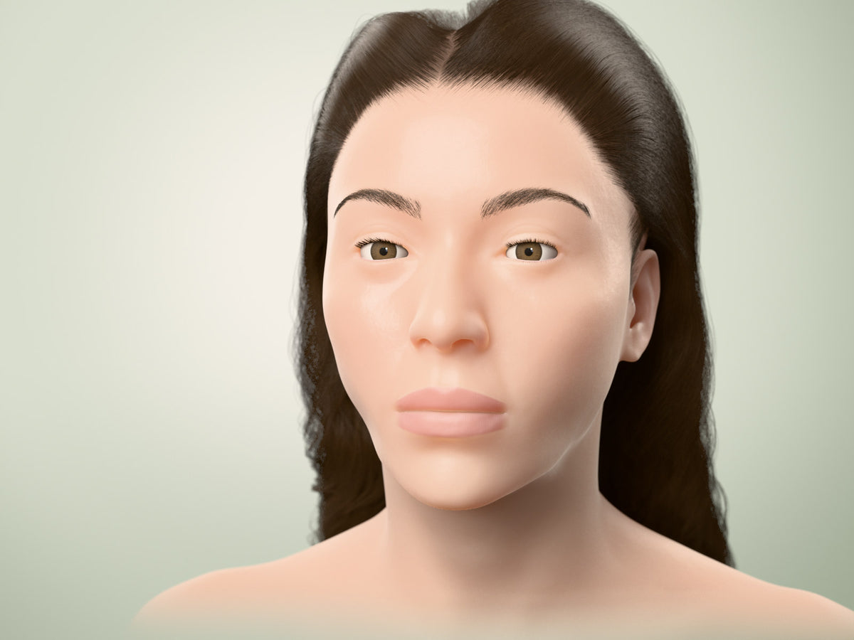 3D illustration of a woman's face, front view, on a soft sage background