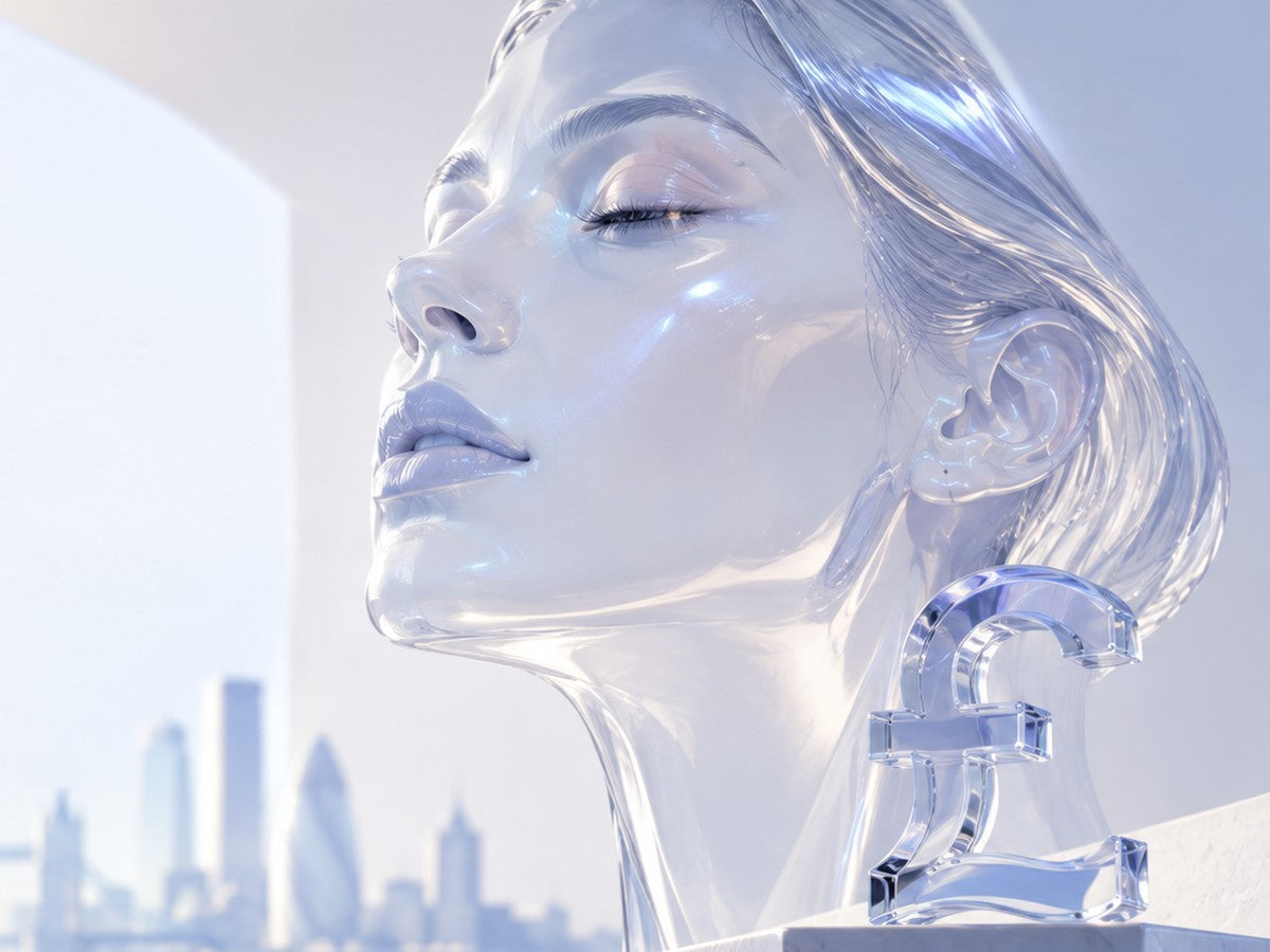 Glass sculpture of a woman's face against a pale London skyline