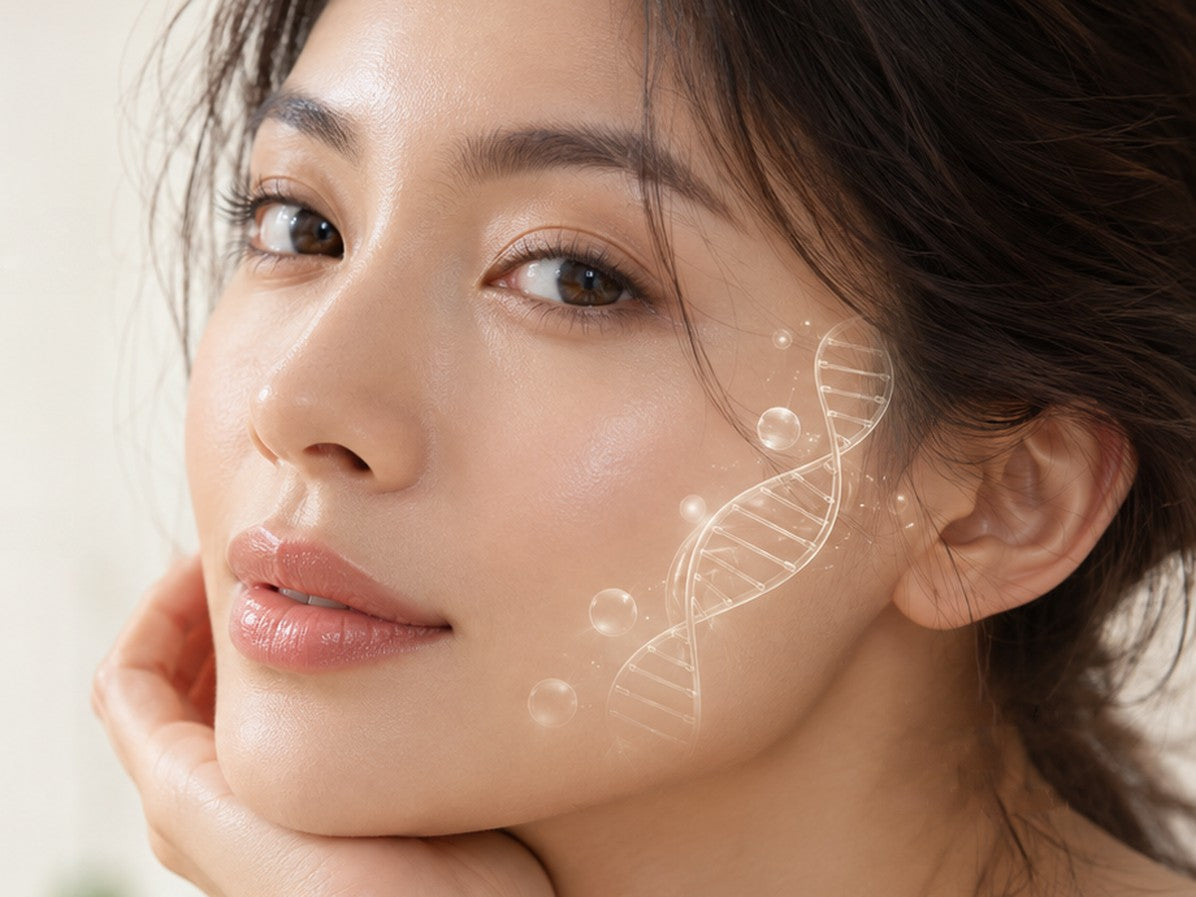 Portrait of a woman resting her chin on her hand, with a faint illustrated double helix on her cheek