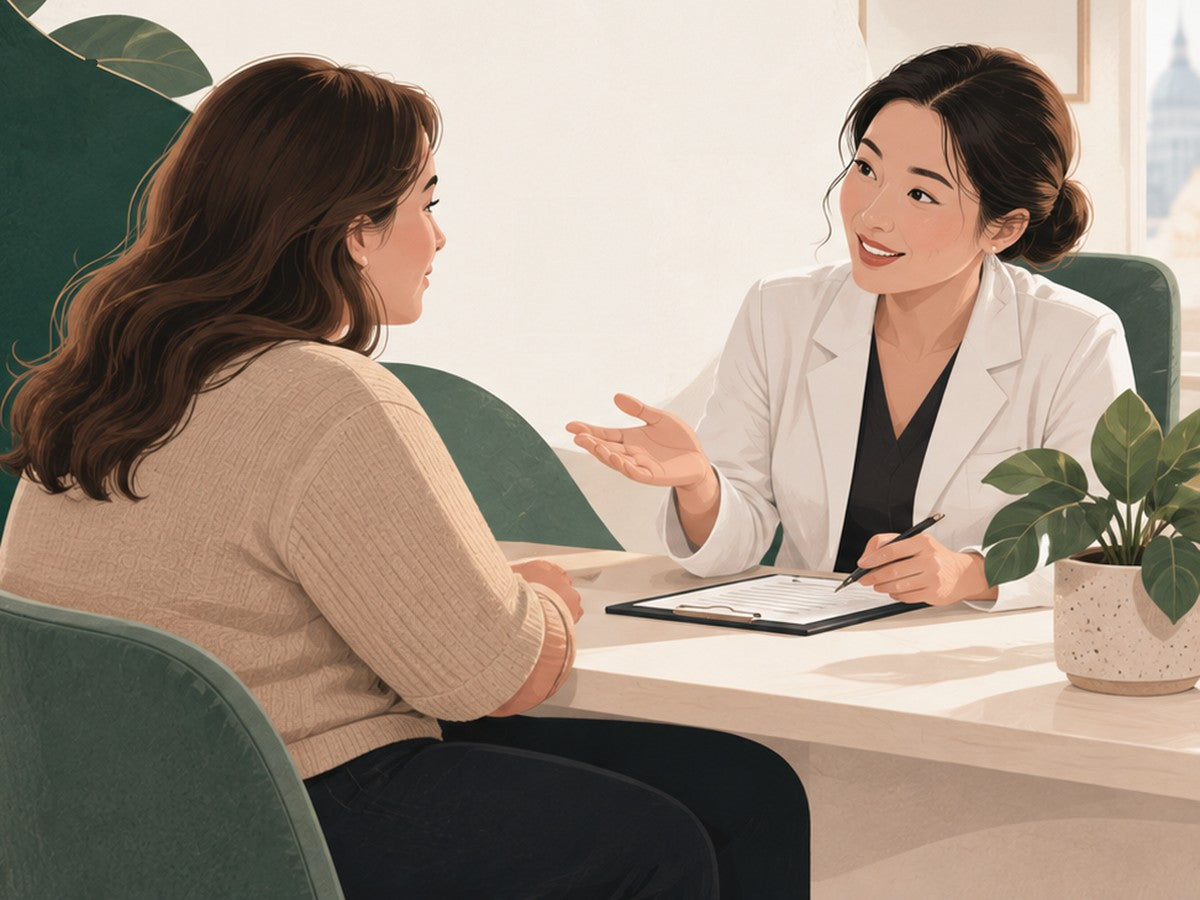 Illustration of a clinician talking with a patient across a consultation desk