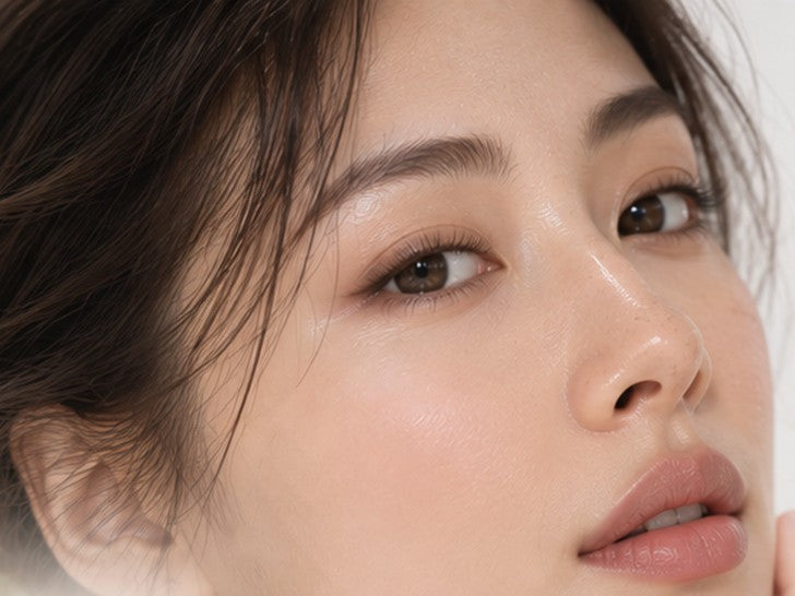 Close-up portrait of a woman with dewy, hydrated skin