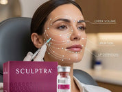 Sculptra® 童颜针包装盒与产品瓶，后方女性正在接受面颊注射，面部以箭头标示治疗点