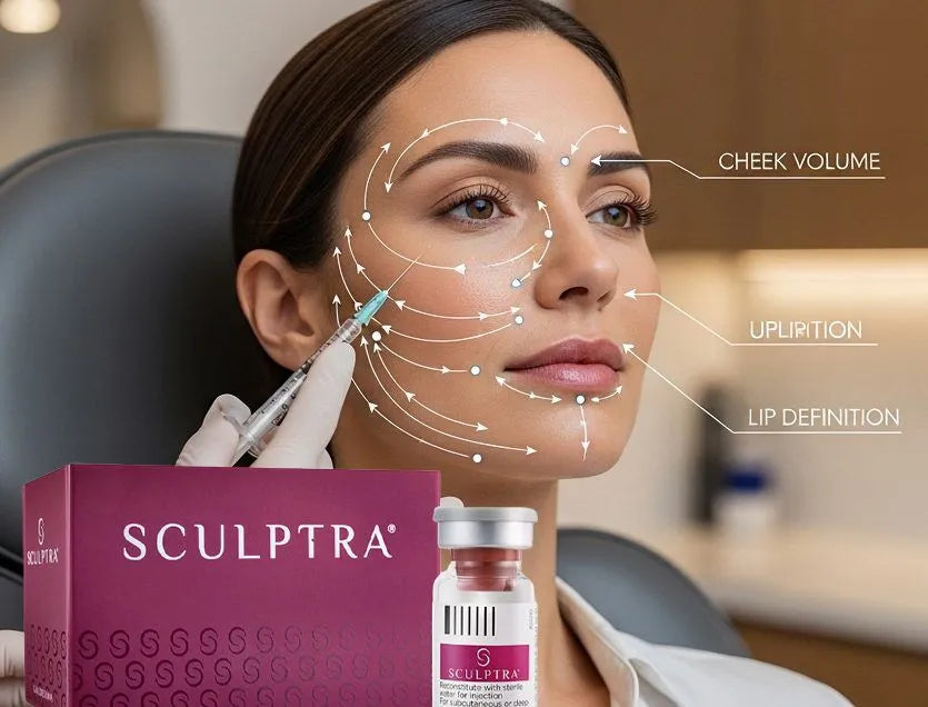 Sculptra® 童颜针包装盒与产品瓶，后方女性正在接受面颊注射，面部以箭头标示治疗点